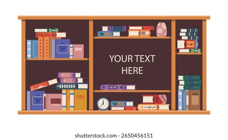 Estante de livros ou vetor para citação de literatura. Plano de fundo de leitura de livraria ou biblioteca para texto ou mensagem. Escola e faculdade, fundo horizontal universitário com quadro-negro. Estude, aprenda.