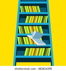 Bookcase Vector illustration Open book falls down from blue bookcase Bottom view Flat design