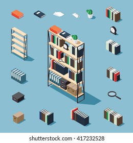 Bookcase vector isometric concept illustration. Decorated bookcase plus collection of isometric objects: stack of books, standing book, bookcase, clocks, magnifier, folder, plant, letter, papers, box.