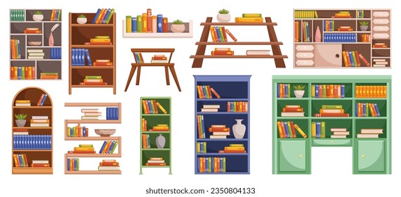 Bookcases With An Array Of Books, Forming A Captivating Visual Display That Invites Exploration And Offers A Glimpse Into Diverse Worlds Of Knowledge And Imagination. Cartoon Vector Illustration