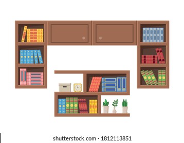 Bookcases with books and other office items. Vector illustration of bookshelves isolated on white background