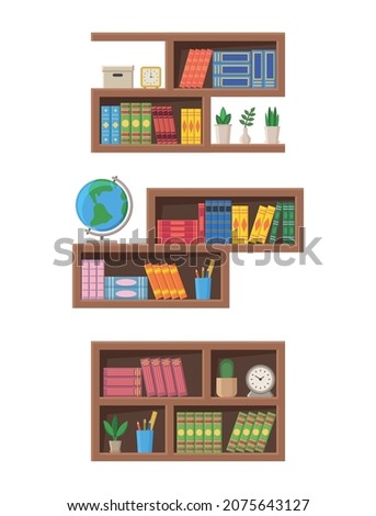 Bookcases with books and other office items. Vector illustration of bookshelves isolated on white background