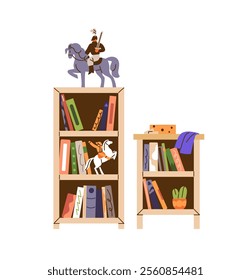 Bookcases, cases with different novels, stories on shelves. Bookshelves with paper books, literature for reading. Library furniture, interior decoration. Flat isolated vector illustration on white