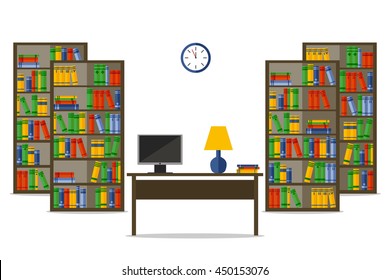 Bookcases and desk inside house or office. Flat Vector Illustration for web site, print, poster, presentation, infographic.