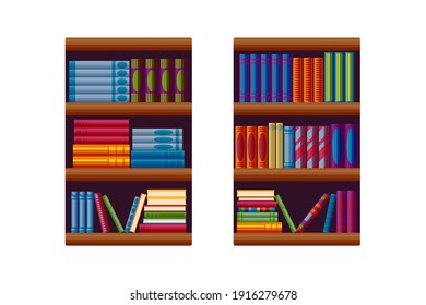 Bookcases for home library. Bestseller bookshop in cartoon style. Vector illustration isolated on white background