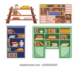 Bookcases or Library Shelves Adorned With An Array Of Books, Offering A Captivating Display Of Knowledge And Stories, Inviting Readers To Explore And Discover New Worlds. Cartoon Vector Illustration