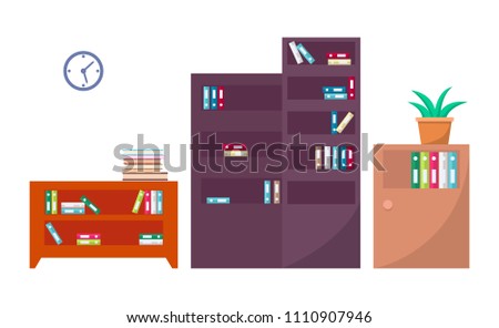 Bookcases office interior set shelves with covered paper publication, place decorated with flower plant in pot, clock showing time vector illustration