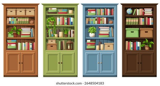 Bookcases. Set of brown, green, and blue bookcases with books, houseplants, and decor. Home furniture set. Cartoon vector illustrations. Hand-drawn illustration, not AI