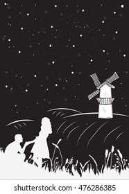 Bookcover a couple nights on the field to the mill, the starry sky. Couple romantic silhouette. Vector illustration
