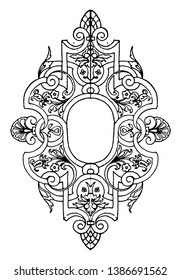 Book-Cover Strap-Work Tablet, it had metal mounts for the cover of an album, vintage line drawing or engraving illustration.