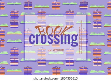 Bookcrossing banner. Information template on background with stacks of books and open books with pages in flat style in trendy colors. Vector illustration for poster design, advertising.