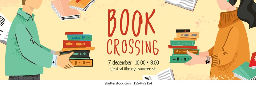 Bookcrossing banner vector template. A man and a woman opposite each other hold a book hand drawn in a modern flatstyle. The concept of the poster, re-use items. Cute cartoon vector illustration