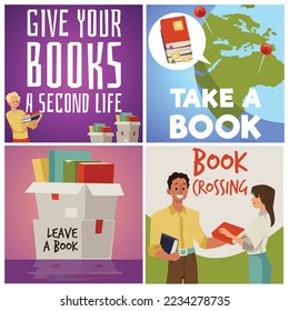 Bookcrossing banners or posters collection for sharing used paper books and reduce environmental pollution, flat vector illustration. Book crossing and exchange.