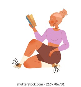 Bookcrossing with Blond Woman Character Sitting and Reading Borrowed Paper Book Vector Illustration