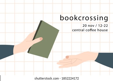 Bookcrossing. Books swap, reusable items. Flyer for swap party, booklet template. Flea market. Hands holding books. Ecological lifestyle. Vector flat cartoon illustration