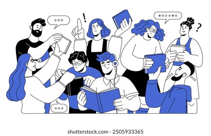 Bookcrossing concept. Group of happy men and women literature fans sharing books with each other. Friends reading and exchanging textbooks. Outline vector illustration isolated on white background