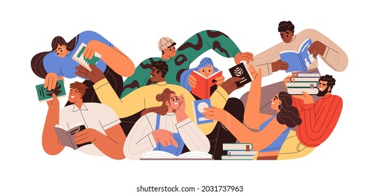 Bookcrossing concept. Happy people exchanging, borrowing and recommending paper books. Group of man and woman reading. Readers swap literature. Flat vector illustration isolated on white background - Shutterstock ID 2031737963