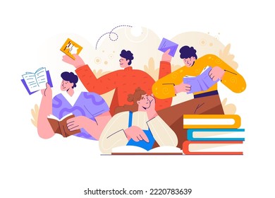 Bookcrossing concept. Happy people exchanging, borrowing and recommending paper books. Group of man and woman reading. Readers swap literature. Flat vector illustration isolated on white background