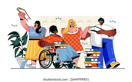 Bookcrossing concept for modern web design. People exchange and reading books, sharing paper textbooks, literature readers in library group. Flat vector illustration isolated on white background.