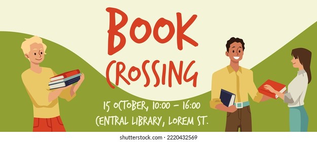 Bookcrossing event advertising banner, flat vector illustration. People exchanging and sharing books. Books exchange festival invitation.