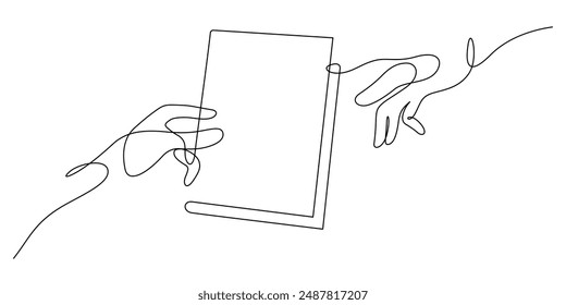 bookcrossing, exchange, swap concept of library one line drawing continuous decorative art minimalism vector. Two hands holding book thin line illustration