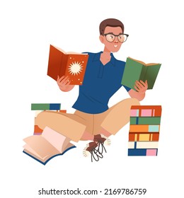 Bookcrossing with Happy Man Character in Glasses Sitting Cross-legged and Reading Borrowed Paper Book Vector Illustration