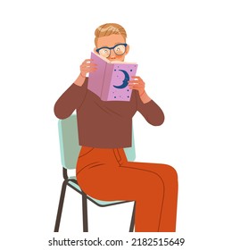Bookcrossing with Happy Man Character Sitting on Chair and Reading Borrowed Paper Book Vector Illustration