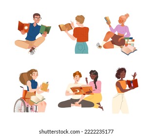 Bookcrossing with Happy Man and Woman Character Reading Borrowed Paper Book Vector Set