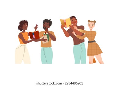 Bookcrossing with Happy Man and Woman Character with Borrowed Paper Book Vector Set