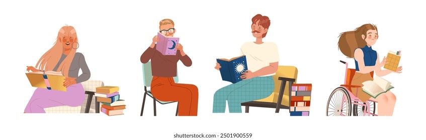 Bookcrossing with Happy Man and Woman Character with Borrowed Paper Book Vector Illustration Set