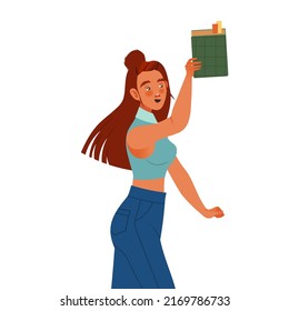 Bookcrossing with Happy Woman Character with Borrowed Paper Book Vector Illustration