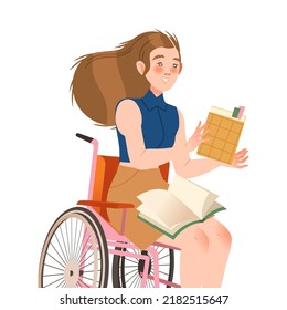 Bookcrossing with Happy Woman Character on Wheelchair Reading Borrowed Paper Book Vector Illustration