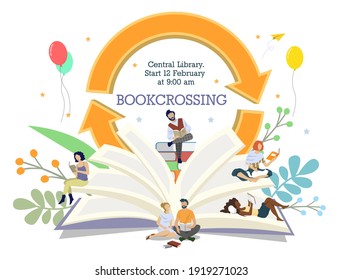 Bookcrossing invitation poster banner vector template. People enjoying reading literature while sitting, lying on sheets of open book, flat style design illustration. Book fair, exchange.