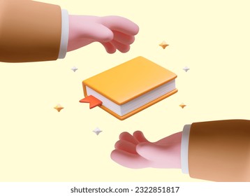 Travesía de libros. Una mano pasa el libro a la otra. Concepto de intercambio de información. Principio del trabajo bibliotecario. Difusión libre de conocimiento. Cartel con ilustración 3D