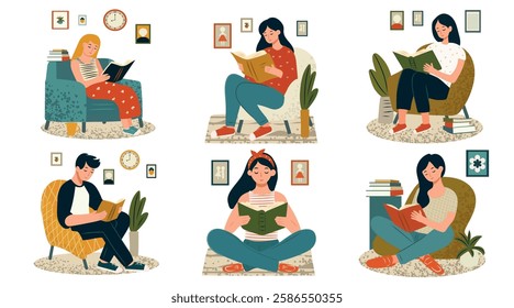 Bookcrossing, people reading books. Literature lovers, hobby and education concept. Student enjoying a novel. Set of flat vector illustrations.