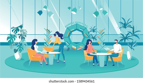 Bookcrossing in Spacious Modern Library, Cartoon. Group Young People are Sitting in Spacious Room and Reading Books. Room has two Tables, Chairs, Flowerpots and Large Windows, Flat Banner.
