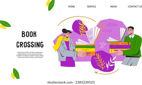 Bookcrossing unit website or landing page template. Books swap and reusable items eco friendly lifestyle concept, flat cartoon vector illustration. Bookcross web banner or flyer design.