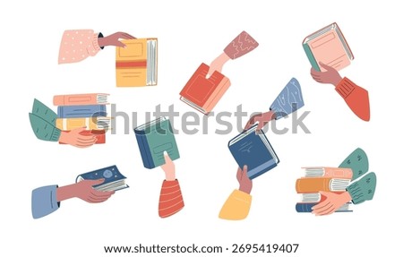 Bookcrossing vector illustration with diverse hands exchanging books. Cultural sharing and donation event concept. Flat minimalistic design for education and community themes.