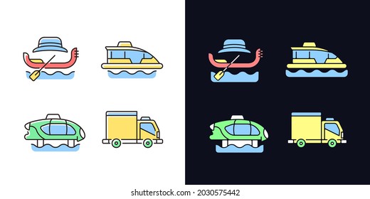 Booked taxi service light and dark theme RGB color icons set. Venetian rowing boat. Electric car. Cargo van. Isolated vector illustrations on white and black space. Simple filled line drawings pack