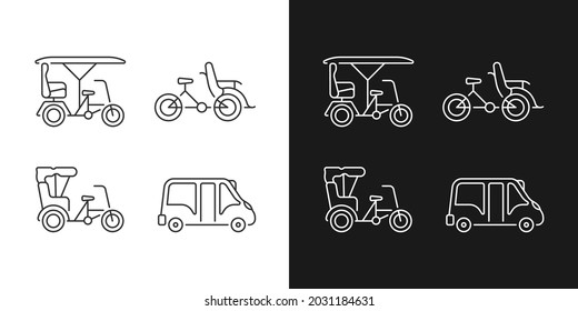 Booked taxi service linear icons set for dark and light mode. Venetian rowing boat. Electric car. Cargo van. Customizable thin line symbols. Isolated vector outline illustrations. Editable stroke