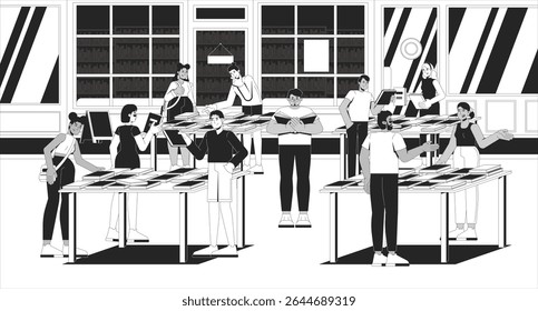 Bookfair with people browsing books on tables line illustration. Library event. Literary festival. Writers readers on book fair 2D ink linear characters monochrome. Flat outline vector image