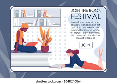 Bookfest Advertisement. Text Banner with Cartoon Female Readers and Literature Lovers Reading Paper Editorials. Book Festival. Invitation Webpage. Mobile Application Mockup. Vector Flat Illustration
