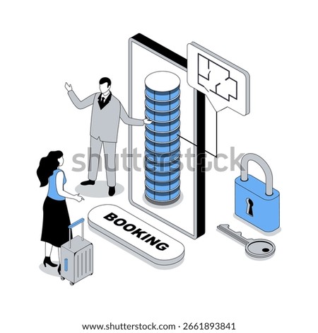 Booking 3d isometric concept with isometry people design for web. Tourist with luggage arriving at hotel accommodation, making registration with online reservation at reception. Vector illustration