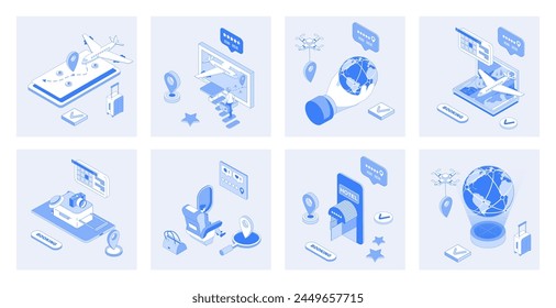 Booking 3d isometric concept set with isometry icons design for web. Collection of airplane route map, tickets searching, ordering luggage transportation, hotel room reservation. Vector illustration