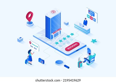 Booking 3d isometric web design. People go on vacation to travel and book hotel apartments using mobile application with rating, online payment service and location tracking. Vector web illustration