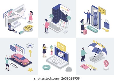 Booking 3d isometry concept for web design. Collection set with isometric people searching and buying airline tickets, ordering taxi, hotel room or restaurant table in mobile app. Vector illustration.