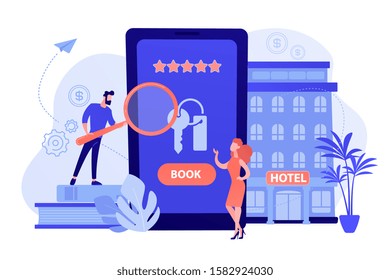 Booking accommodation mobile application. Website for ordering guestrooms, finding hostels location. Hotel room reservation concept. Pinkish coral bluevector isolated illustration