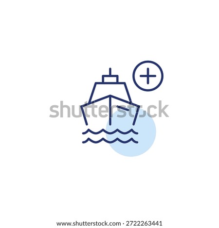 Booking add, trip update, cruise plan upgrade. Ship and plus. Pixel perfect, editable stroke vector icon