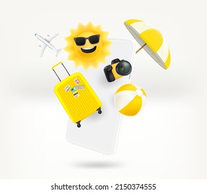 Booking adventure via modern smartphone. 3d vector concept