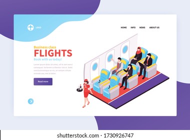 Booking air tickets isometric landing page with offering business class flights and place for airline logo vector illustration